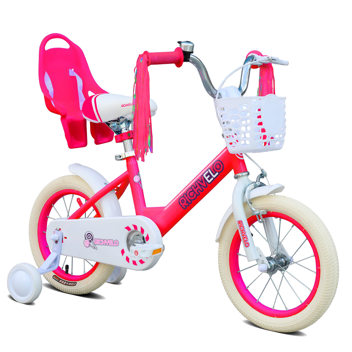 A1402 Kids Bike for Girls 12 14 16 Inch with Training Wheels, Adjustable Seat, Front Basket, Doll Seat & Colorful Streamers, Toddler Bicycle for 2-7 Years Old, Red Kids' Bikes for Birthday Gift