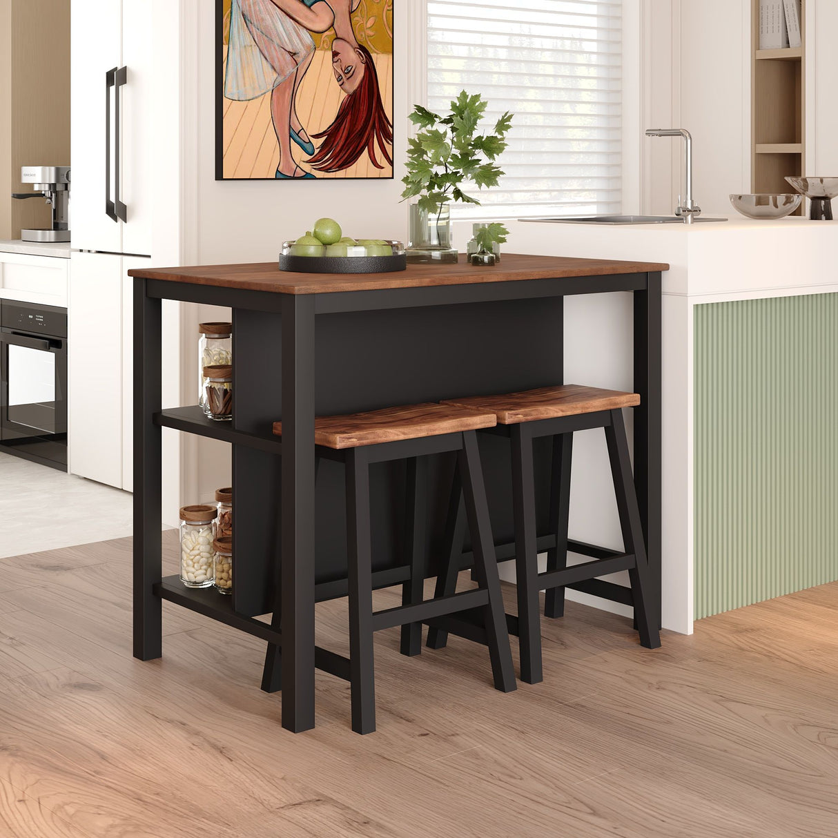 Rustic 3 Piece Stationary Kitchen Island Set With 2 Seatings, With 2 Open Shelves by Couch.com