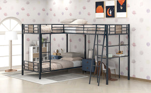 L-Shaped Twin Over Twin Bunk Bed With Twin Size Loft Bed With Desk And Shelf - Brown by Couch.com