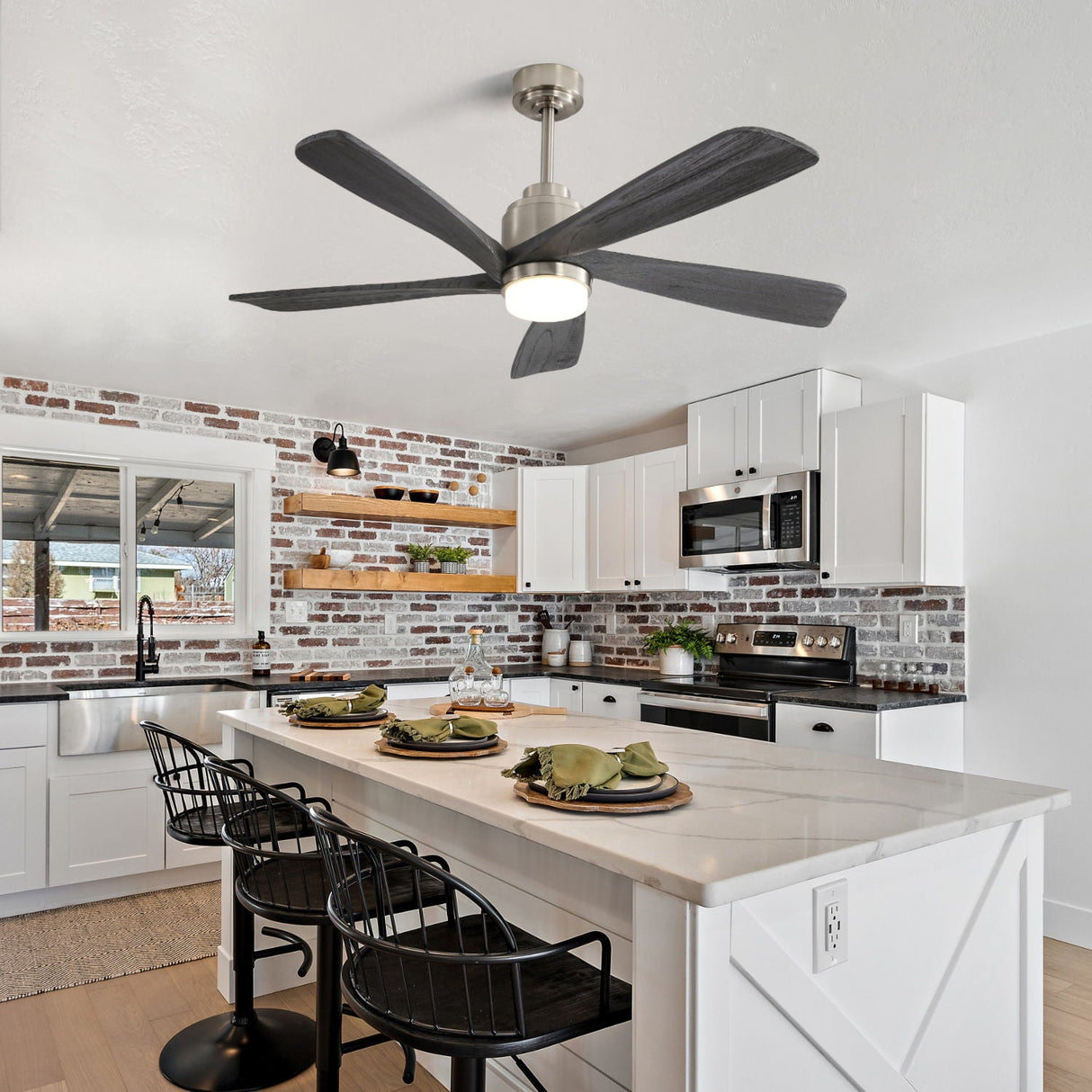 Modern Ceiling Fan With Dimmable LED Light 5 Solid Wood Blades Remote Control Reversible Dc Motor With Smart App Control - Nickel by Couch.com