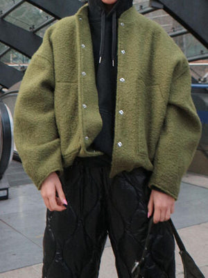 Autumn Casual Full Size Drop Shoulder Snap Down Jacket with Buttoned Front and Pockets