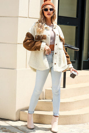 Women Cute Sherpa Jacket with Button Closure and Collared Neck in Elegant Retro Style