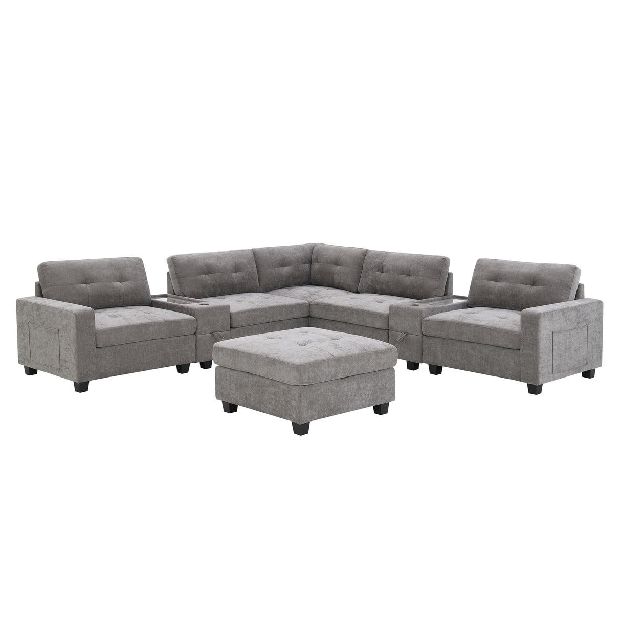 Sectional With Acrylic Table Top U Shaped Couch Set With 2 Consoles USB Charger, Storage Drawers And Pockets Movable Ottoman Tufted Sofa by Couch.com