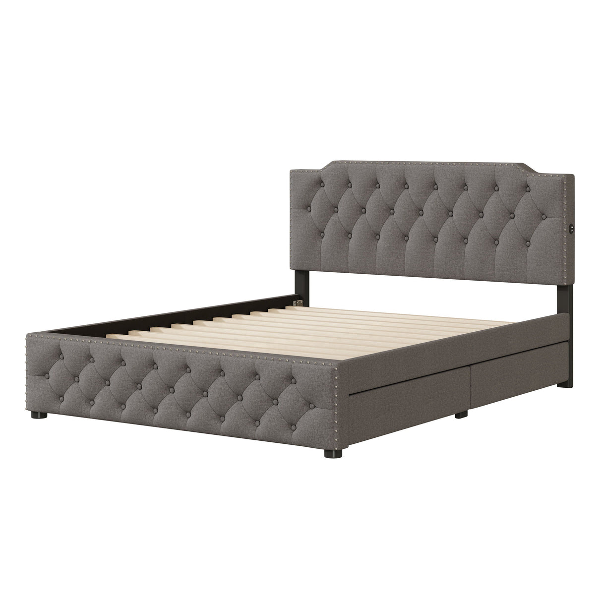 Upholstered Platform Bed With 2 Drawers And 2 Sets Of USB Ports On Each Side, Linen Fabric by Couch.com