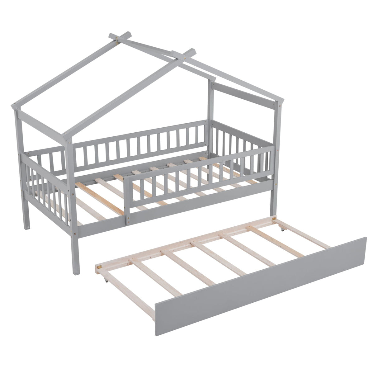 The Creativity House Bed features a gray house-shaped frame with railings and a roof-like design. It includes a twin-size under-bed trundle with slatted support, all displayed against a white background.
