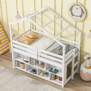 House Loft Bed With Roof Frame, Under Bed Shelving Storage Unit, Guardrails, Ladder by Couch.com