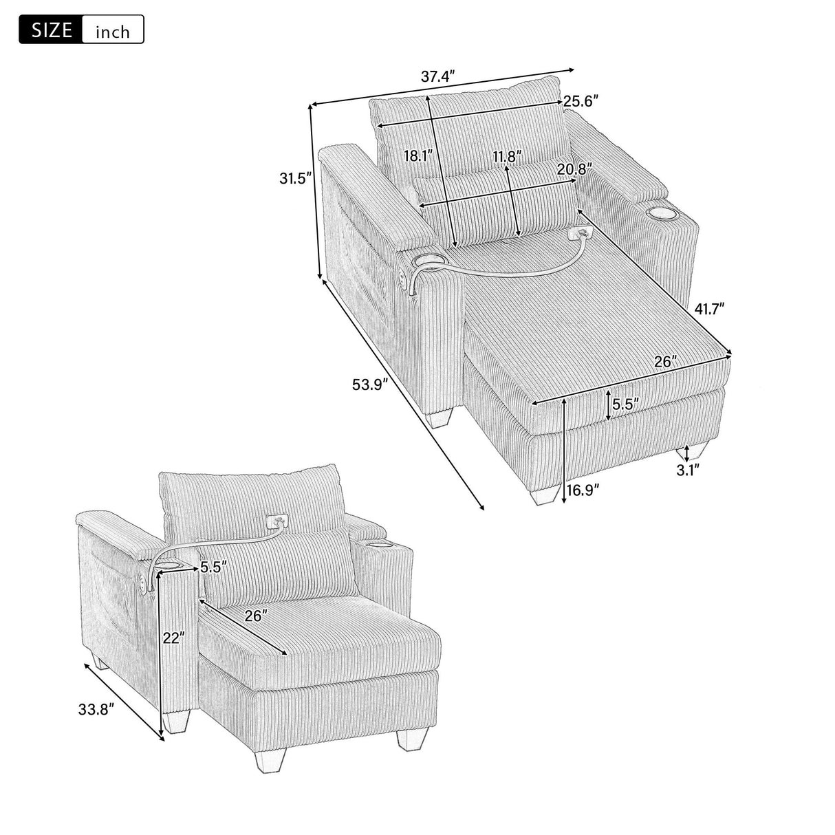 Convertible Chaise Lounge Sofa Chair With USB Ports, Cup Holders, Phone Holder And Storage by Couch.com