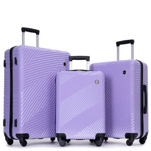 The 3 Piece Luggage Set features lavender suitcases with ribbed diagonal patterns, black retractable handles, and black spinner wheels. The set includes three sizes: small at the front and larger ones positioned slightly behind, each designed for lightweight travel.