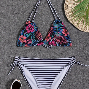 Sunset Bloom 2-Piece Triangle Bikini Set for Women – Vibrant Random Floral Print Halter Neck Swimsuit with Tie-Back Tie-Side Bottoms & High Cut Legs – Women's High-Stretch Swimwear for Summer Beach Escapes