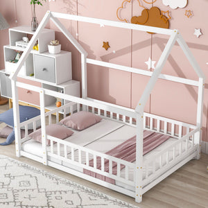 Floor Wooden Bed With House Roof Frame, Fence Guardrails by Couch.com