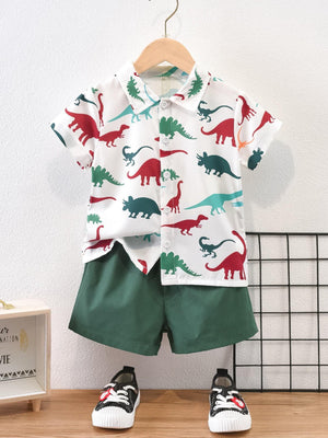 Baby Short Sleeve Shorts Cardigan Two-piece Set Animal Dinosaur Print