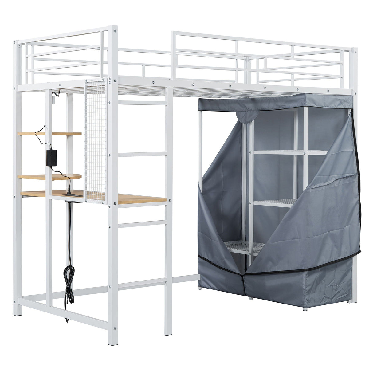 Loft Bed With Desk, Shelves, Power Outlet, LED Light And Wardrobe by Couch.com