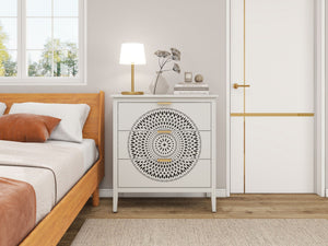 3 Drawer Cabinet With Hollow Carved 3 Drawer Dresser Storage Chest With Metal Handles For Entryway Living Room Bedroom - Beige by Couch.com