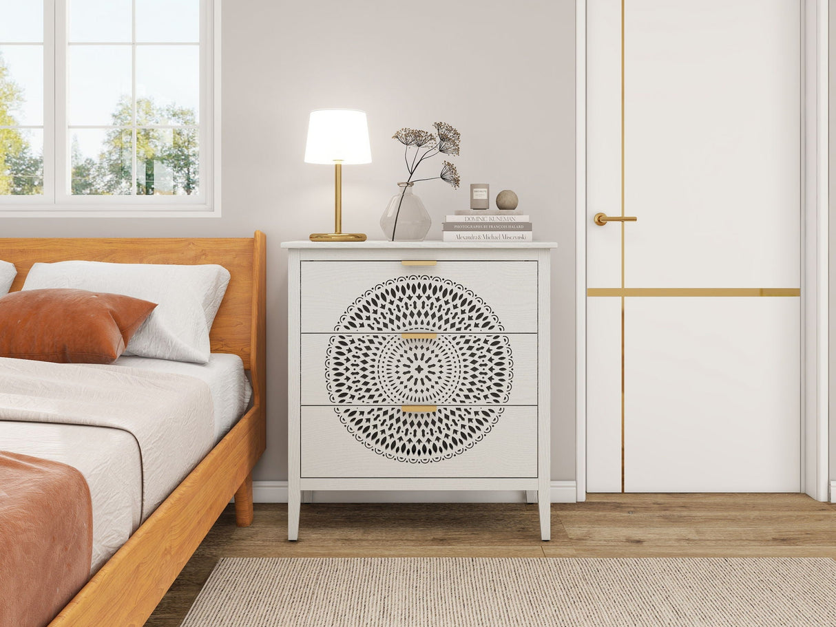 3 Drawer Cabinet With Hollow Carved 3 Drawer Dresser Storage Chest With Metal Handles For Entryway Living Room Bedroom - Beige by Couch.com