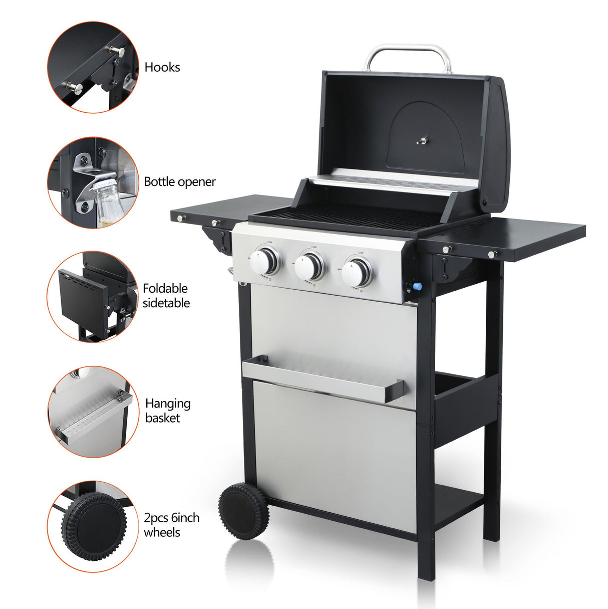 3 Burner Propane Gas Bbq Grill, 25650Btu Output With Wire Enamel Cooking Grids For Outdoor Barbecue, Foldable Side Table, Stainless Steel - Black / Silver by Couch.com