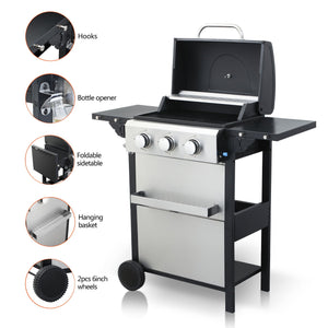 3 Burner Propane Gas Bbq Grill, 25650Btu Output With Wire Enamel Cooking Grids For Outdoor Barbecue, Foldable Side Table, Stainless Steel - Black / Silver by Couch.com