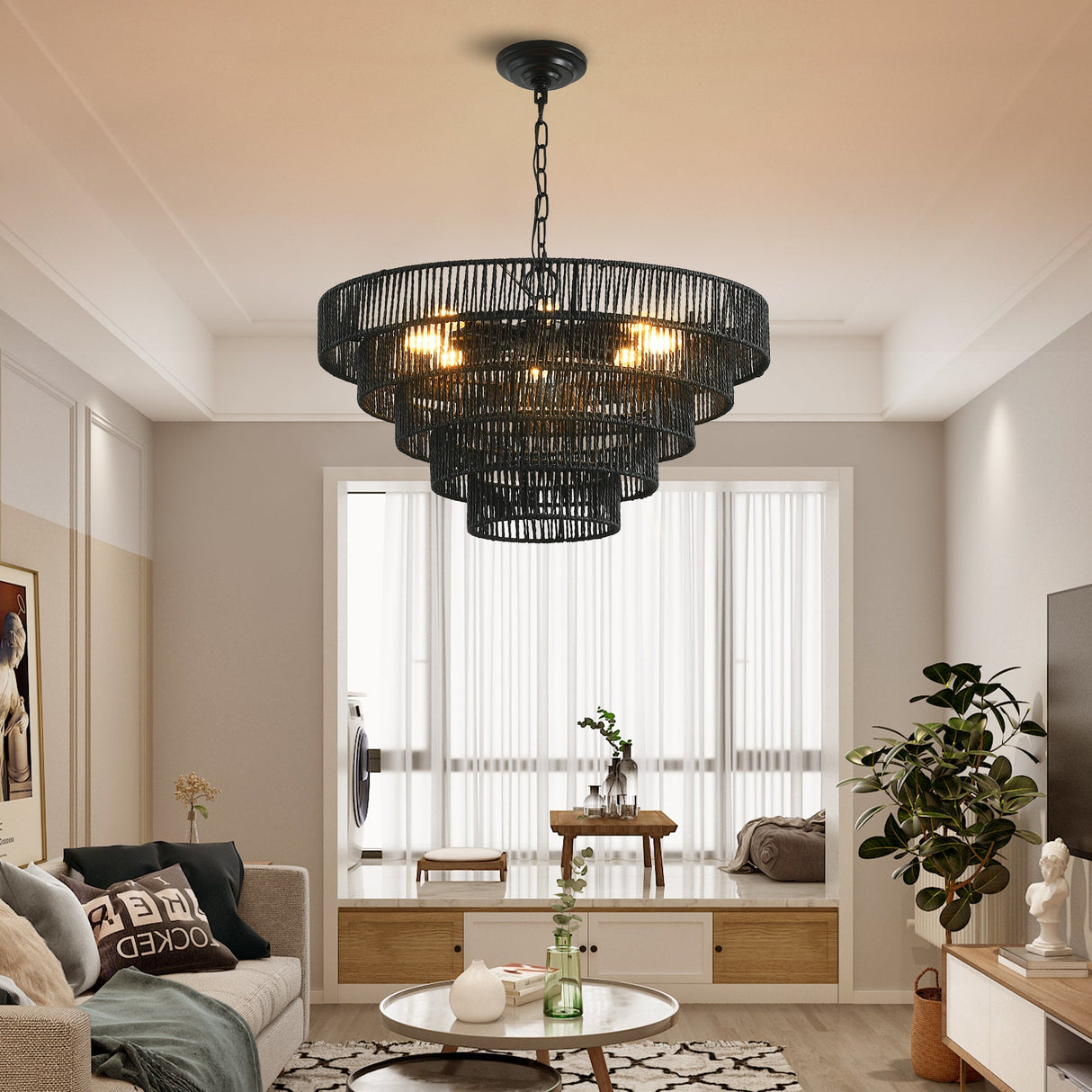 24" Rustic 5-Tier Black Hemp Rope Pendant Light Chandelier