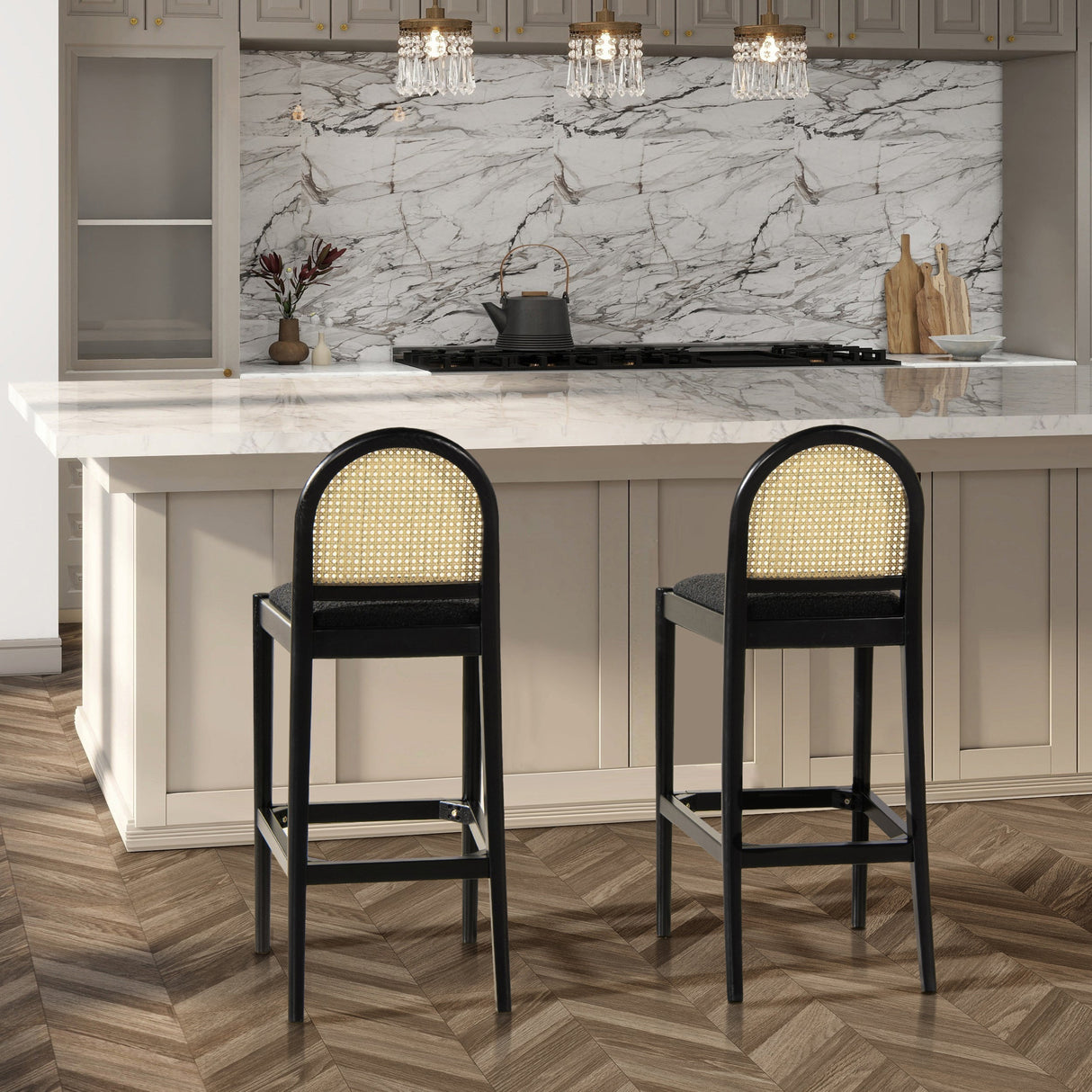 Arlin Upholstered Stool with Curved Back and Footrest - Set of 2