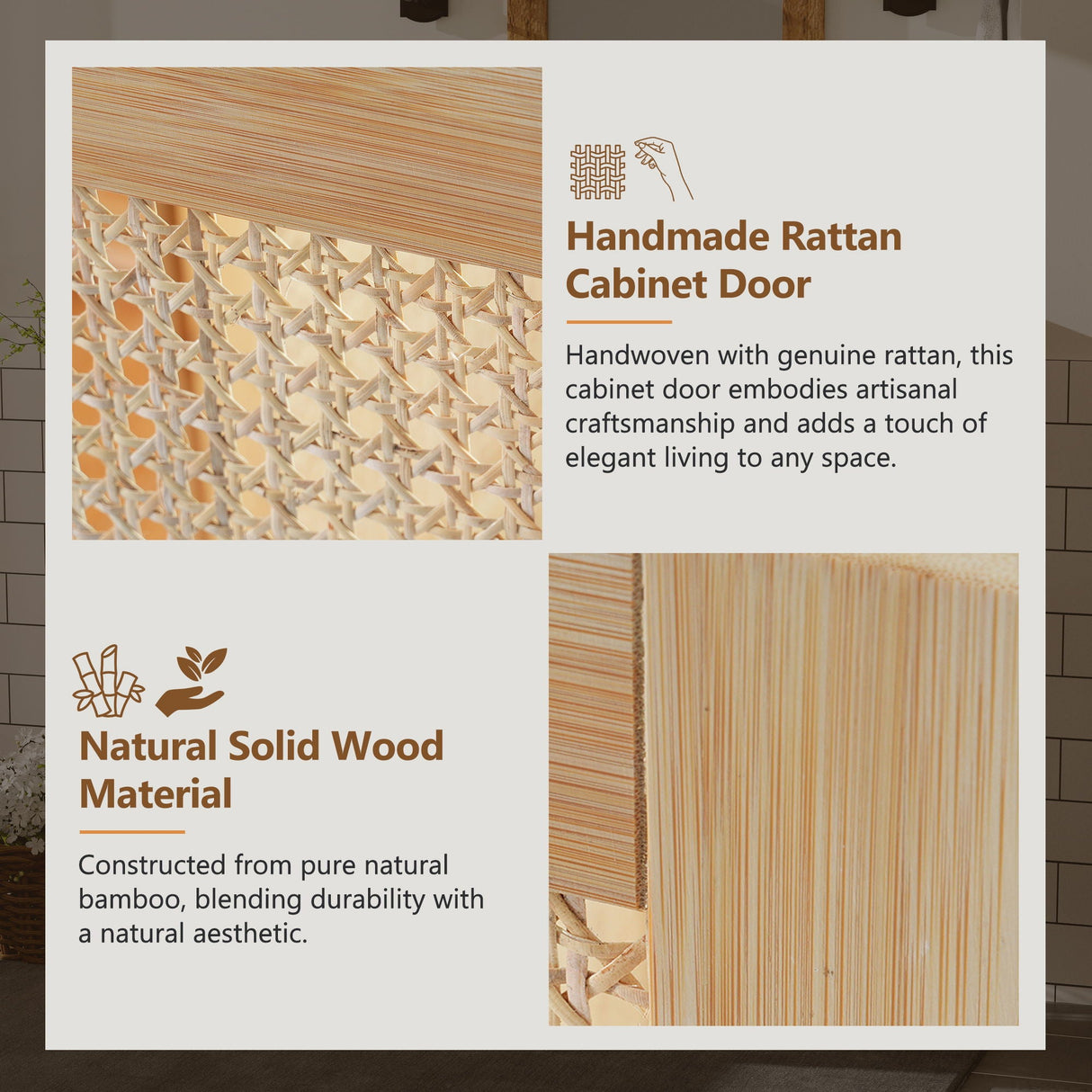 Bathroom Vanity Crafted From Natural Materials, Featuring Handmade Rattan Doors And Soft-Closing Mechanisms - Light Brown by Couch.com