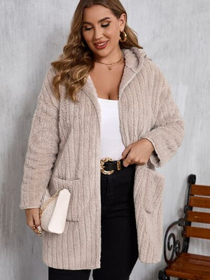Women Plus Size Hooded Open Front Fuzzy Jacket With Long Sleeves Elegant And Comfortable Jacket