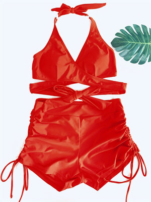 Coastal Curve Halter Bikini Set for Women – V-Neck Crisscross Drawstring Swimsuit with Chic Ring Detail & High-Waisted Boxer Shorts for Summer – Sleek Two-Piece Nylon Swimwear for Women’s Beach & Poolside Style