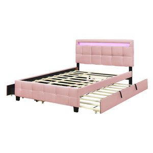 The Upholstered Platform Bed with LED Frame features a pink tufted headboard and LED strip, storage drawers at the foot, slatted base support, and excludes a mattress, blending modern style with functionality.