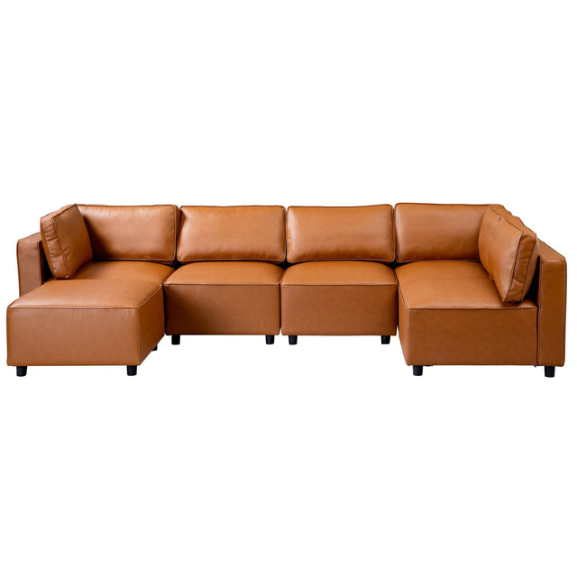 The Reno Modular Sofa in Cognac is a brown leather sectional with square cushions and low black legs, featuring an L-shaped layout with a left-side chaise lounge, boasting a modern and minimalist design.