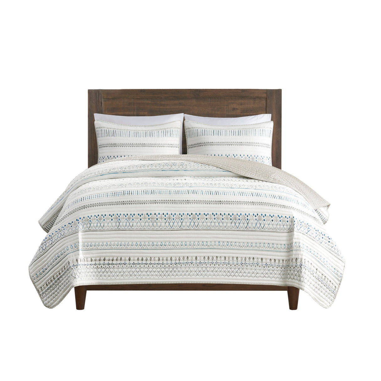 3 Piece Printed Microfiber Seersucker Quilt Set Taupe/Blue Full/Queen