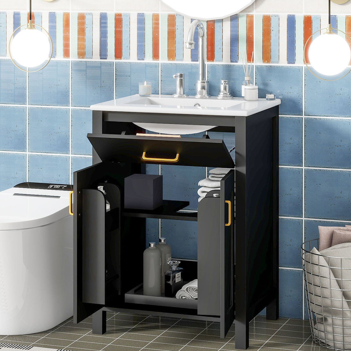 Bathroom Vanity Combo With Ceramic Sink, Luxurious Space-Saving Vanity, 2 Soft Close Doors by Couch.com