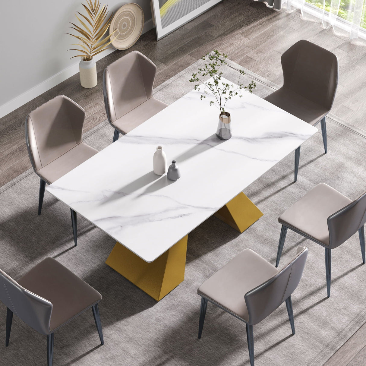 63" Modern Artificial Stone Straight Edge Golden Metal Leg Dining Table - White / Gold by Couch.com