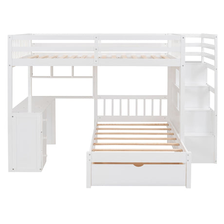 The Bunk Bed With Desk, Drawers And Shelves features a white loft design with side shelves and slats. It includes an upper and lower bed plus built-in shelving, optimizing space in a children's room.