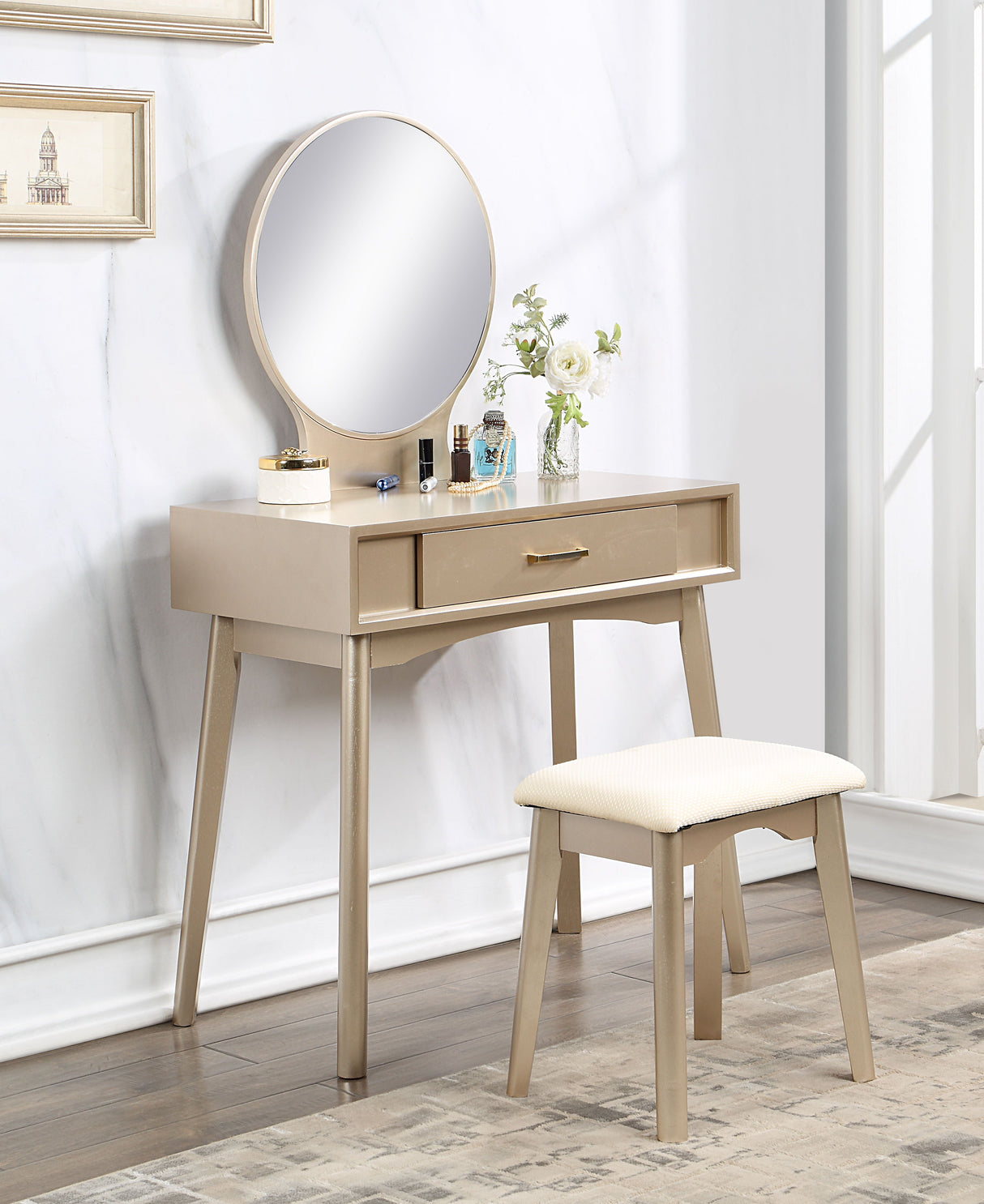 Maly - Contemporary Wood Vanity And Stool Set - Gold by Couch.com