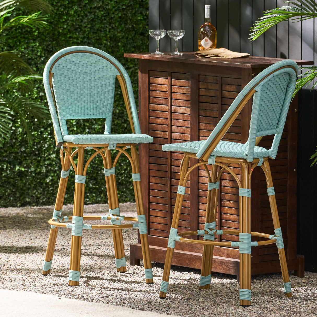 29.5' Outdoor PE Rattan and Aluminum French Barstools, Set of 2