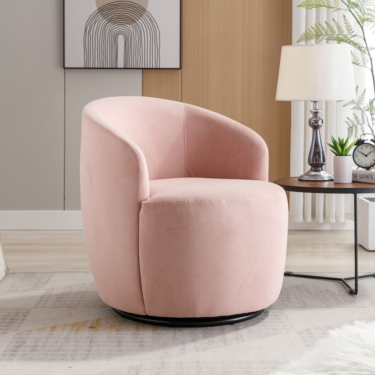 Velvet Fabric Swivel Accent Armchair Barrel Chair With Powder Coating Metal Ring by Couch.com