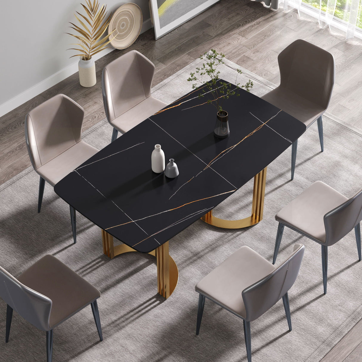 63" Modern Artificial Stone Curved Golden Metal Leg Dining Table, 6 People - Black / Gold by Couch.com