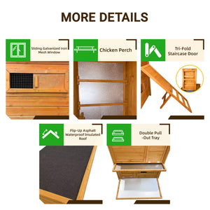 Chicken Coop, Large Chicken Coop With 3 Nesting Boxes, Foldable Ramp And Flip Up Asphalt Roof - Orange