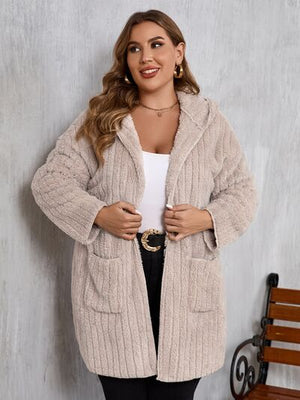 Women Plus Size Hooded Open Front Fuzzy Jacket With Long Sleeves Elegant And Comfortable Jacket