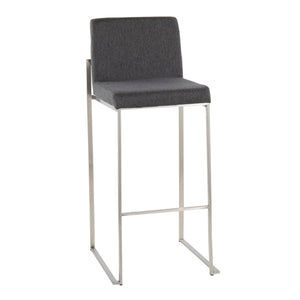 The Fuji - Contemporary And Modern Elegance High Back Barstool features a grey upholstered seat and backrest, a minimalist metal frame with footrest, and clean, straight lines for a sleek, modern look.