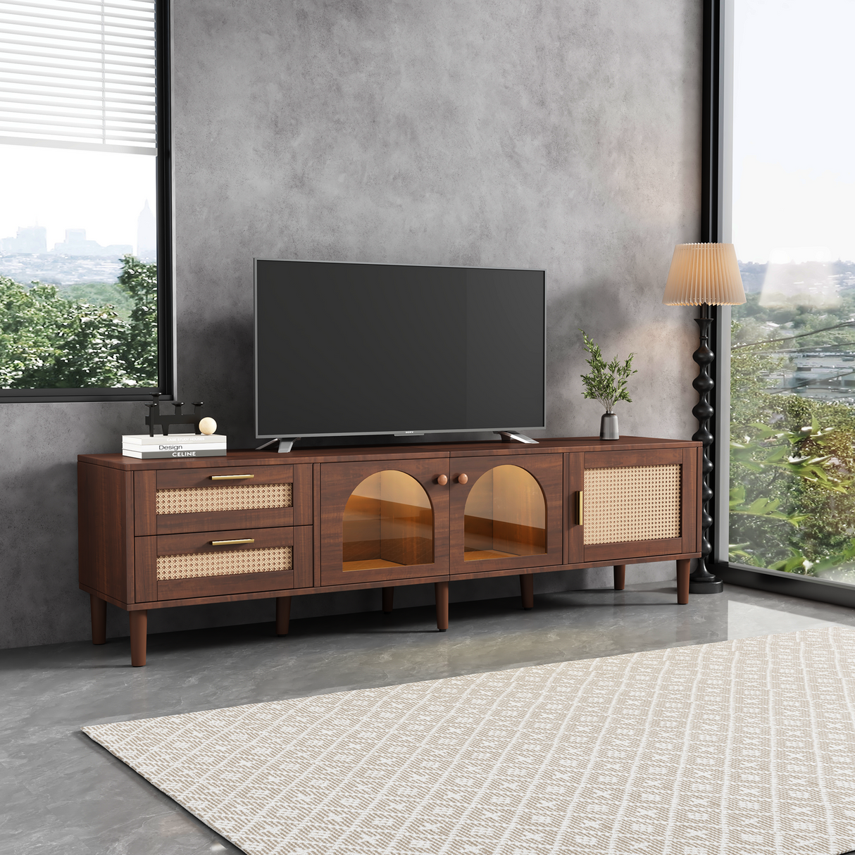 Rattan TV Stand with 3 Cabinets and 2 Drawers