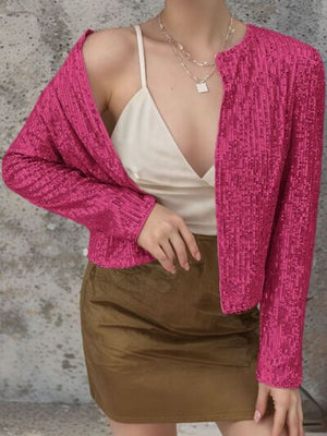 Elegant Women Full-Size Sequin Open Front Cropped Jacket With Glamorous Sparkle Luxury Women Party Jacket