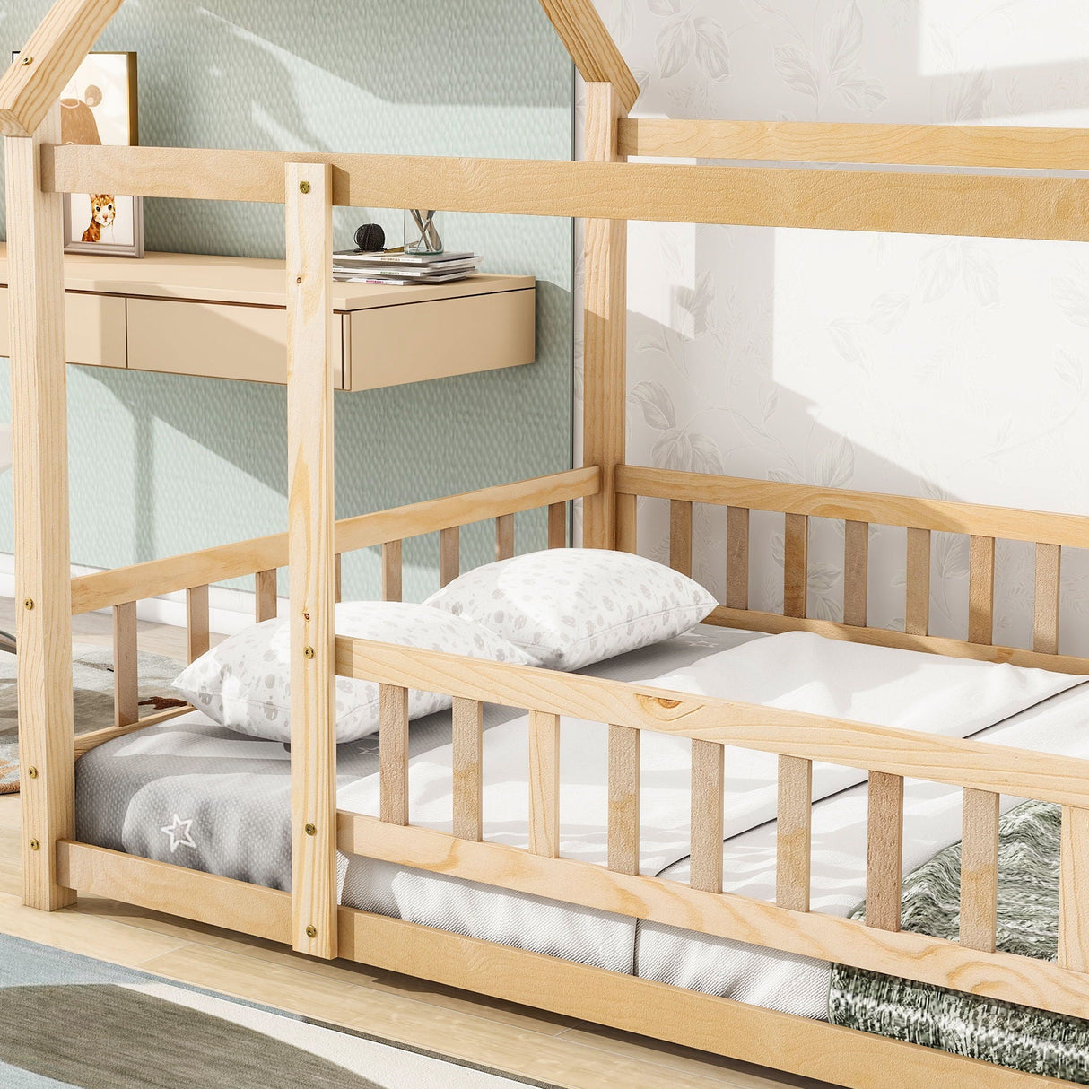 Floor Wooden Bed With House Roof Frame, Fence Guardrails by Couch.com