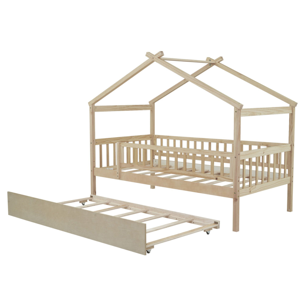 The Creativity House Bed with Twin Size Trundle is a wooden, house-shaped toddler bed frame with slatted sides and a pull-out trundle beneath. Its natural wood finish offers a simple, charming look.