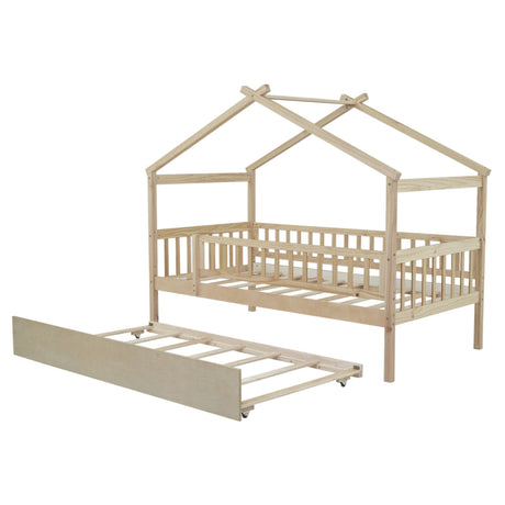 The Creativity House Bed with Twin Size Trundle is a wooden, house-shaped toddler bed frame with slatted sides and a pull-out trundle beneath. Its natural wood finish offers a simple, charming look.
