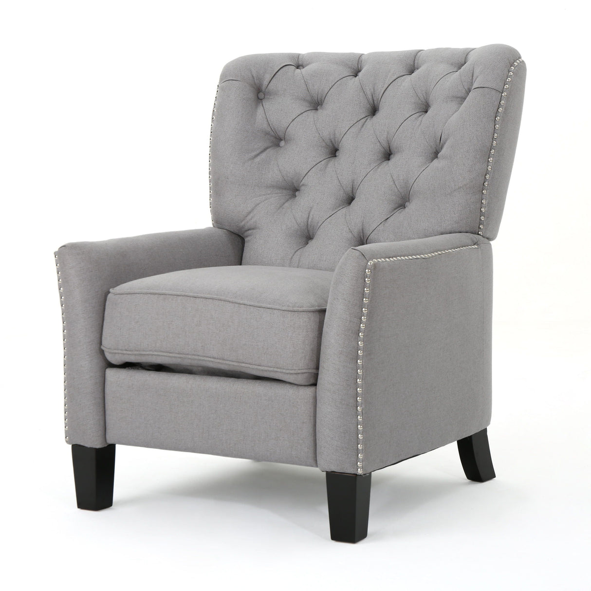 The Modern Push Back Recliner is a gray upholstered wingback chair featuring a button-tufted backrest and nailhead trim. It includes a plush cushion seat, dark wooden legs, and is presented against a plain white background.