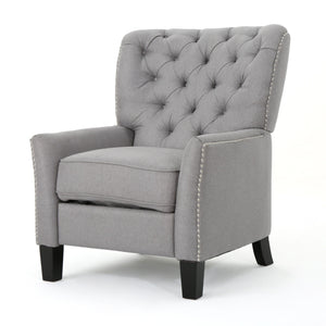 The Modern Push Back Recliner is a gray upholstered wingback chair featuring a button-tufted backrest and nailhead trim. It includes a plush cushion seat, dark wooden legs, and is presented against a plain white background.