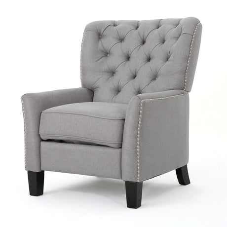 The Modern Push Back Recliner is a gray upholstered wingback chair featuring a button-tufted backrest and nailhead trim. It includes a plush cushion seat, dark wooden legs, and is presented against a plain white background.