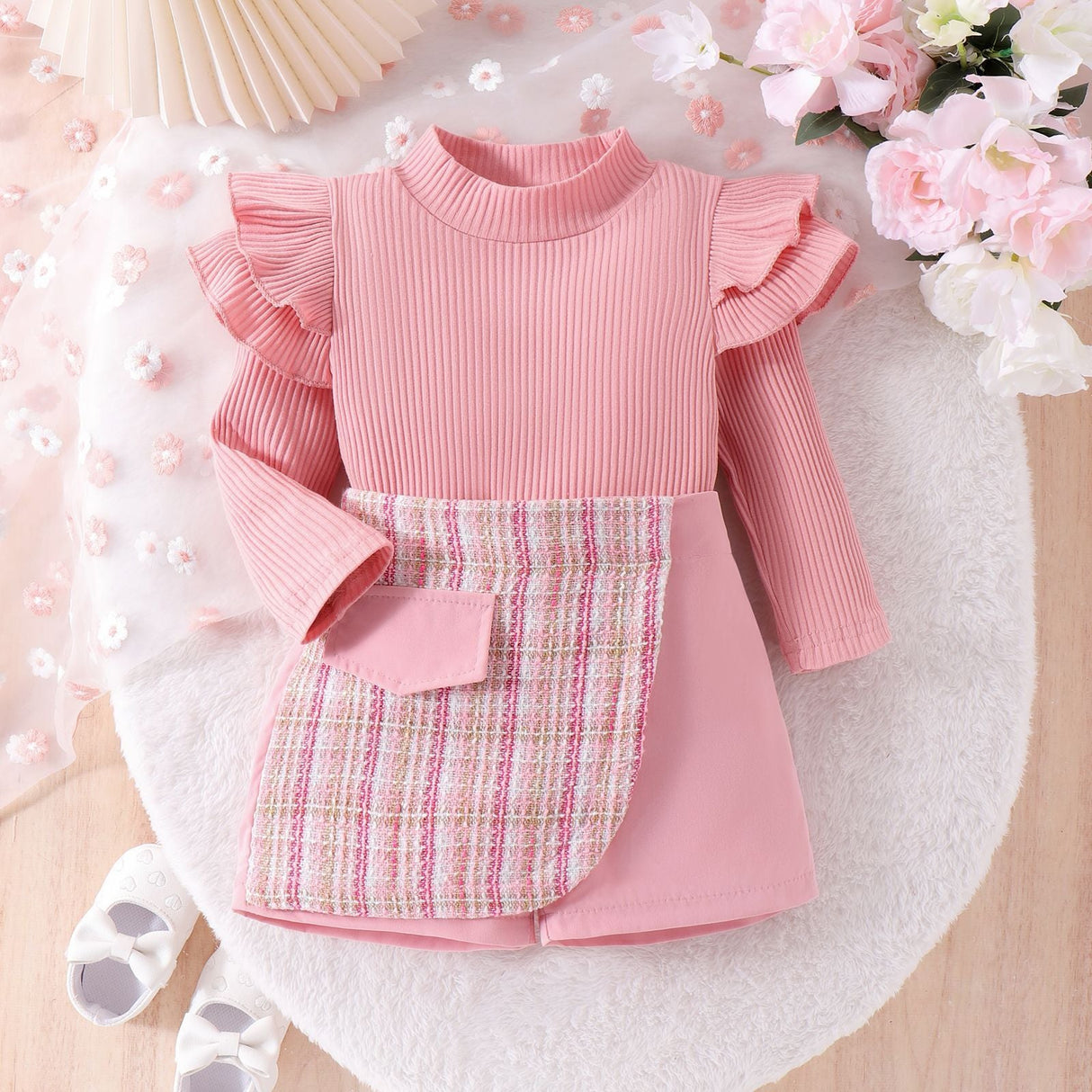Trendy Style Girls' Skirt Set Solid Color Striped Long Sleeve Classic Style Culottes Two-piece Set