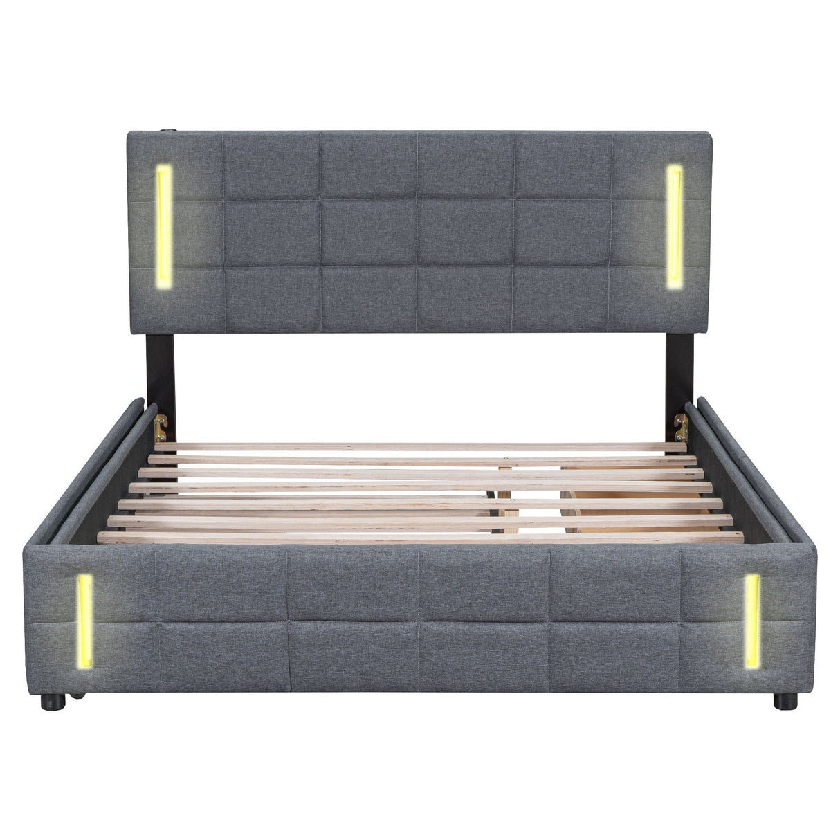 This modern Upholstered Platform Bed with Trundle & Drawers features a gray design with a grid-patterned headboard and footboard, each highlighted by vertical LED light strips. The slats are visible without a mattress.