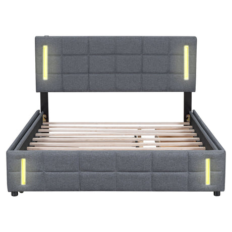 This modern Upholstered Platform Bed with Trundle & Drawers features a gray design with a grid-patterned headboard and footboard, each highlighted by vertical LED light strips. The slats are visible without a mattress.