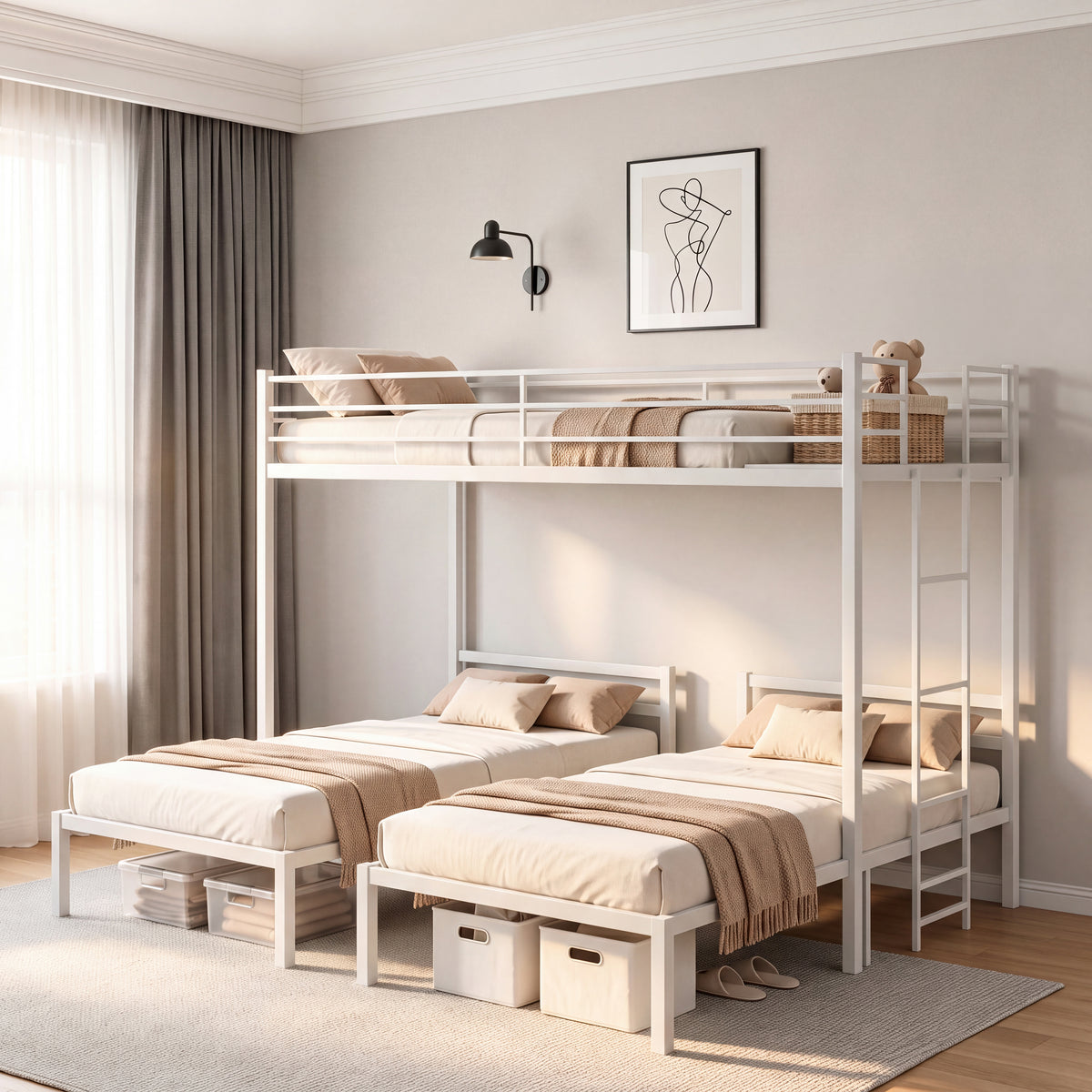 Triple Bunk Bed Frame Twin over Twin & Twin, Heavy Duty Metal T-Shaped Loft Bed for Kids & Teens, Safety Guardrails, Integrated Ladder, Under-Bed Storage, No Box Spring Needed, White